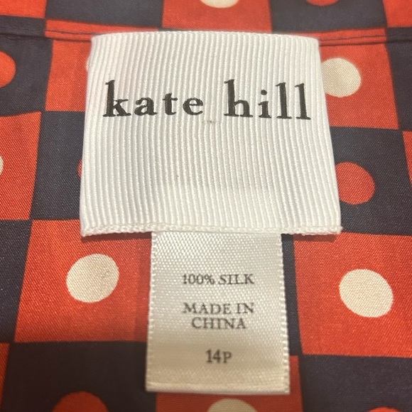 Kate Hill 100% Silk Geometric Midi Shirt Dress Women’s Size 14P. Red White Blue - Picture 2 of 12